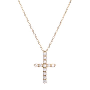 14K Yellow Gold Pearl Cross Pendant