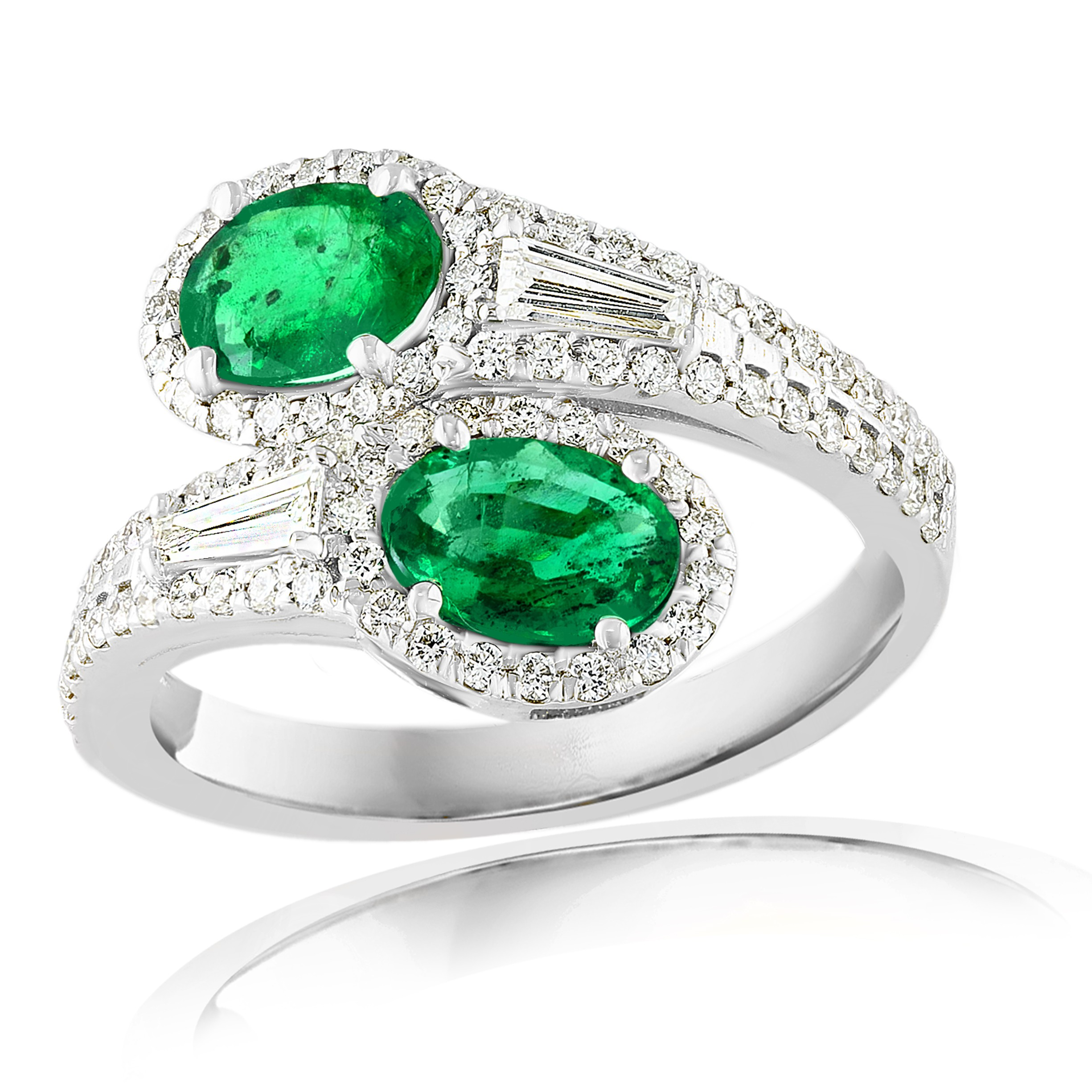 14K White Gold Emerald & Diamond Contemporary Ring