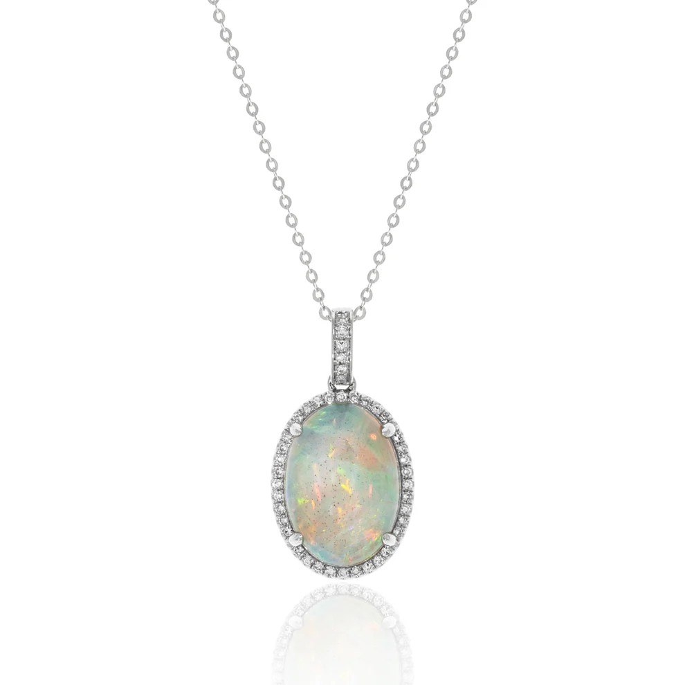 14K White Gold Opal Halo Pendant
