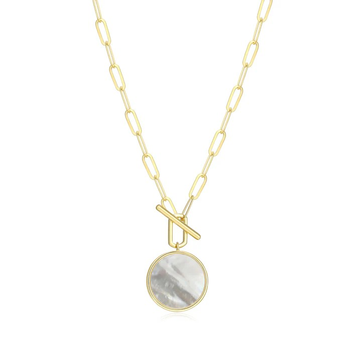 Women's Sterling Silver Yellow Gold Plated Mother Of Pearl Paperclip Chain Necklace
