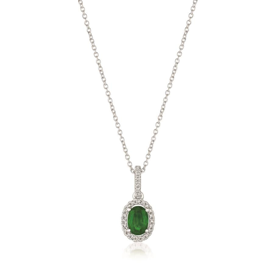 14K White Gold Emerald Halo Pendant