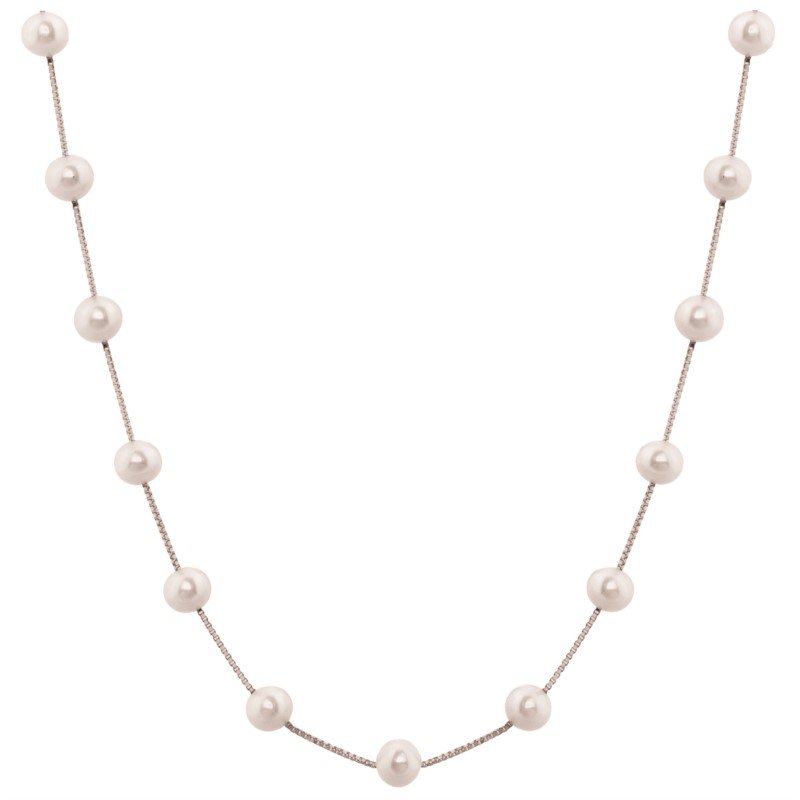 14K White Gold Pearl Station Necklace