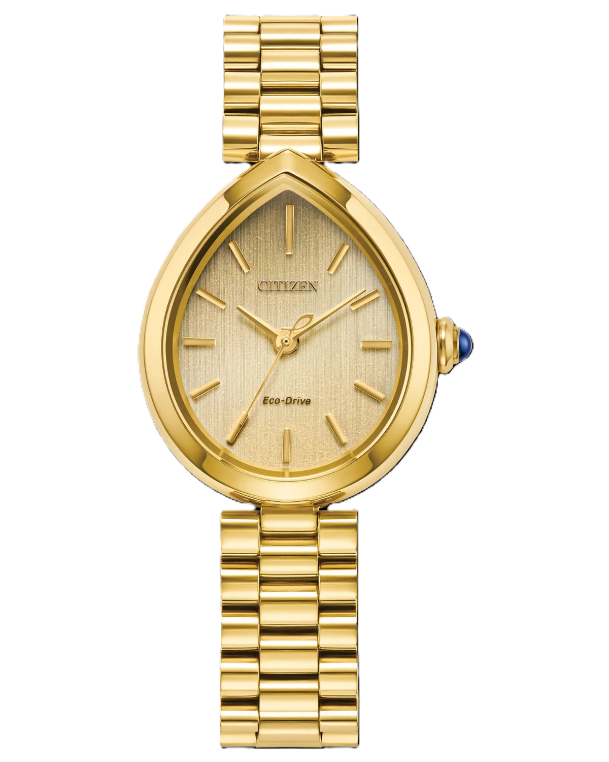 Citizen women's Eco-Drive watch featuring a gold teardrop-shaped case, a matching gold dial with baton hour markers, and a gold link bracelet. A small blue sapphire accent is visible on the crown.
