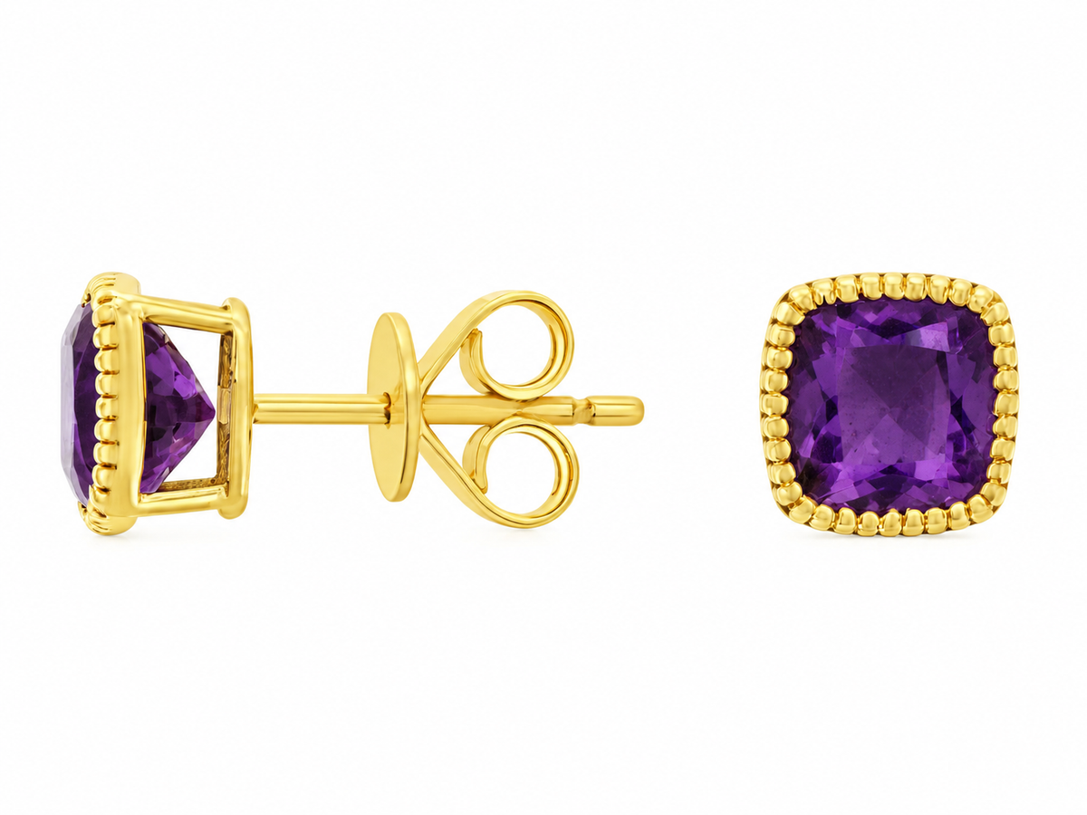 14K Yellow Gold Amethyst Stud Earrings