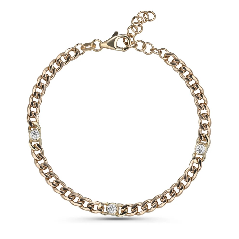 Ladies 14K Yellow Gold Diamond Station Curb Bracelet