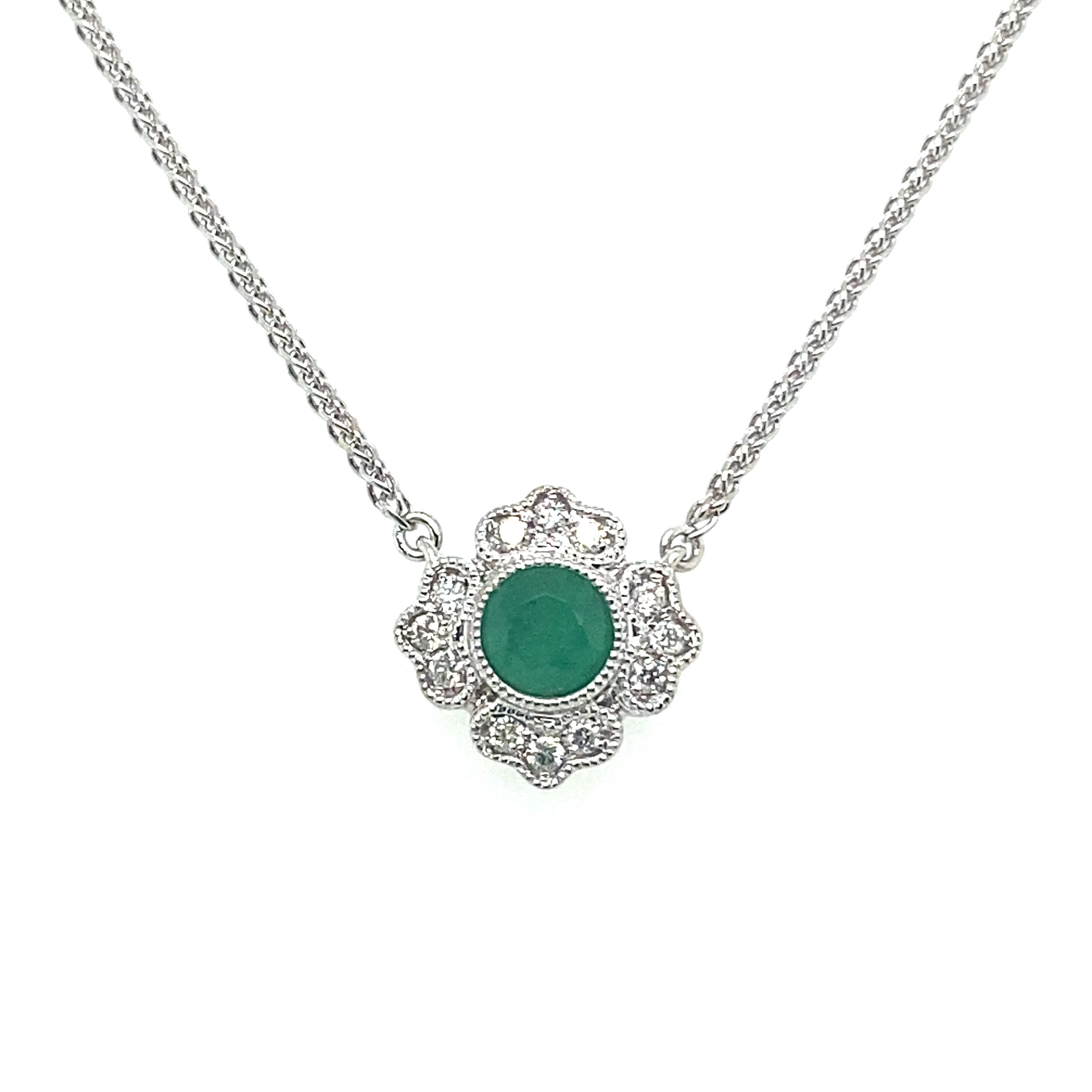 14K White Gold Emerald Halo Pendant
