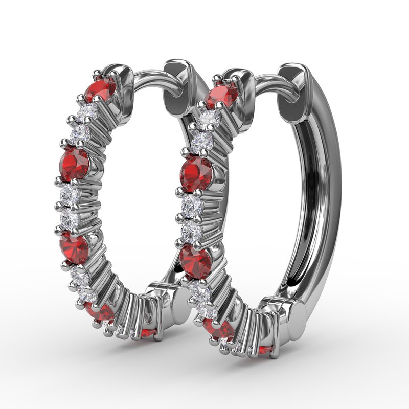 14K White Gold Ruby Hoop Earrings