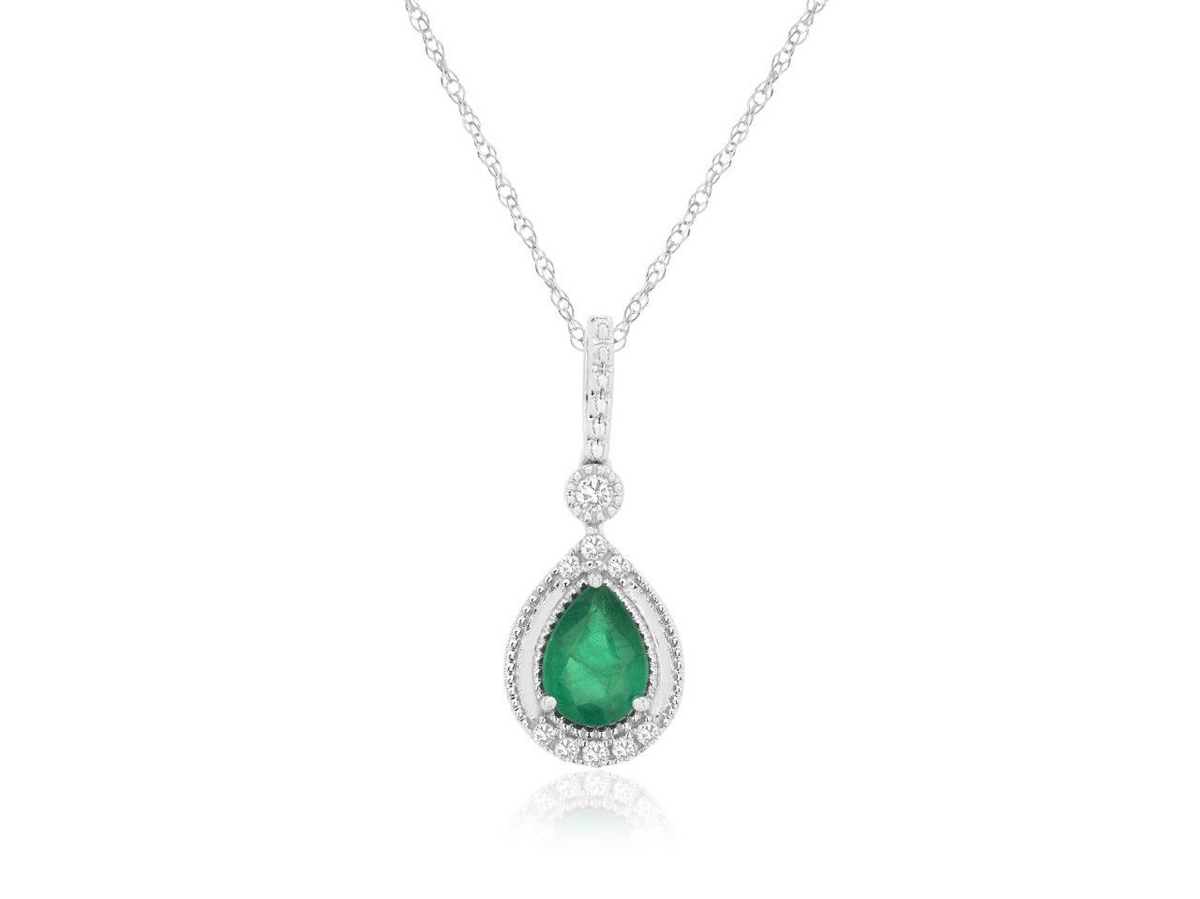 14K White Gold Emerald Drop Pendant