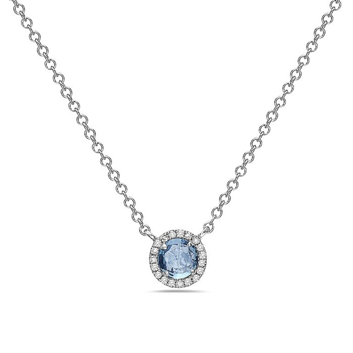14K White Gold Blue Topaz Halo Pendant
