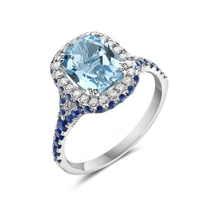 14K White Gold Blue Topaz Halo Ring