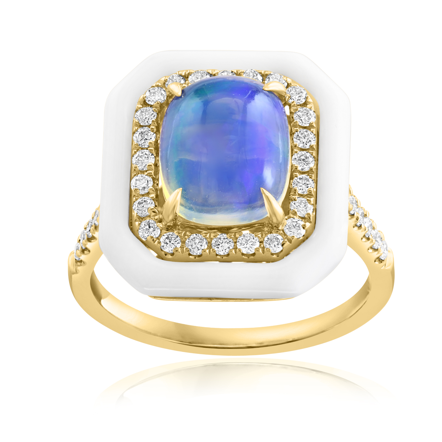 A yellow gold ring featuring a large, cushion-cut blue iridescent opal center stone, surrounded by a halo of small clear stones, and set on a white square bezel with a polished gold band.