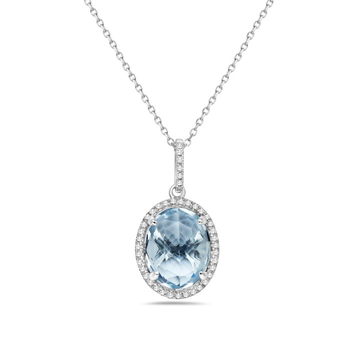 14K White Gold Blue Topaz Halo Pendant