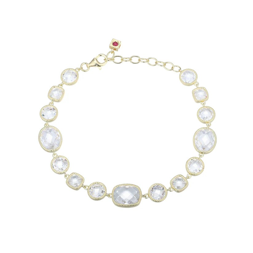 Sterling Silver Yellow Gold Plated CZ Fancy Link Bracelet