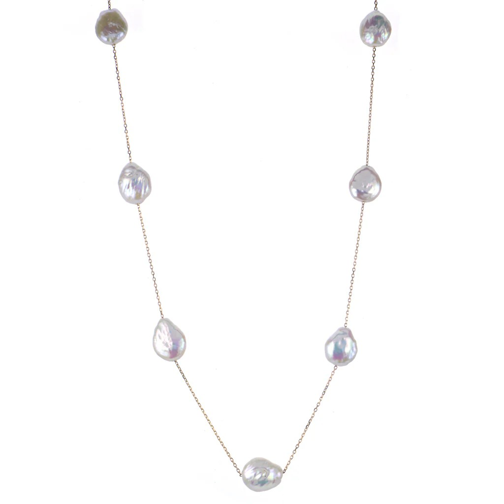 14K Yellow Gold Pearl Station Necklace