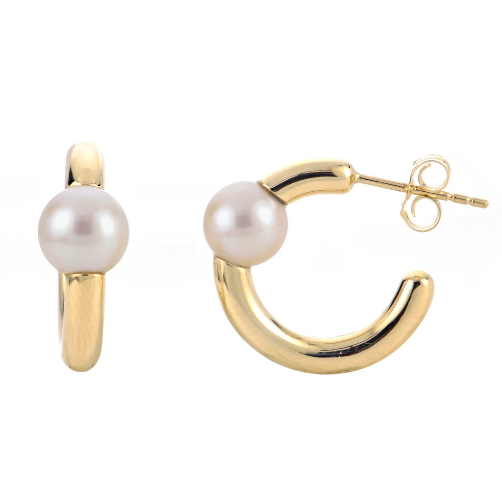 14K Yellow Gold Pearl Hoop Earrings