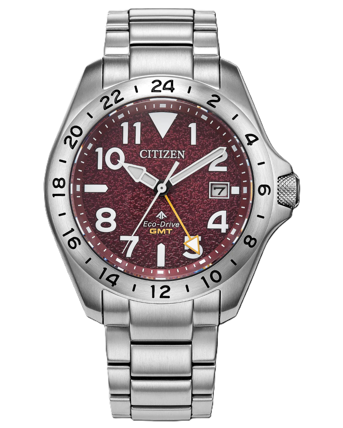 Citizen Eco-Drive GMT watch with a silver stainless steel case and link bracelet, featuring a textured dark red dial with white Arabic numerals and a rotating black 24-hour bezel.