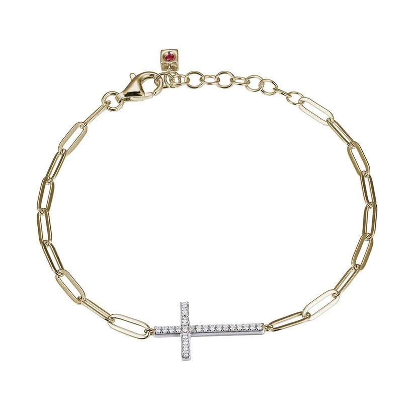 Women's Sterling Silver Two Tone CZ Cross Bracelet