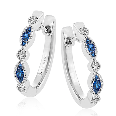 14K White Gold Sapphire Hoop Earrings