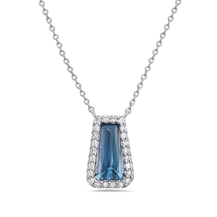 14K White Gold Blue Topaz Halo Pendant