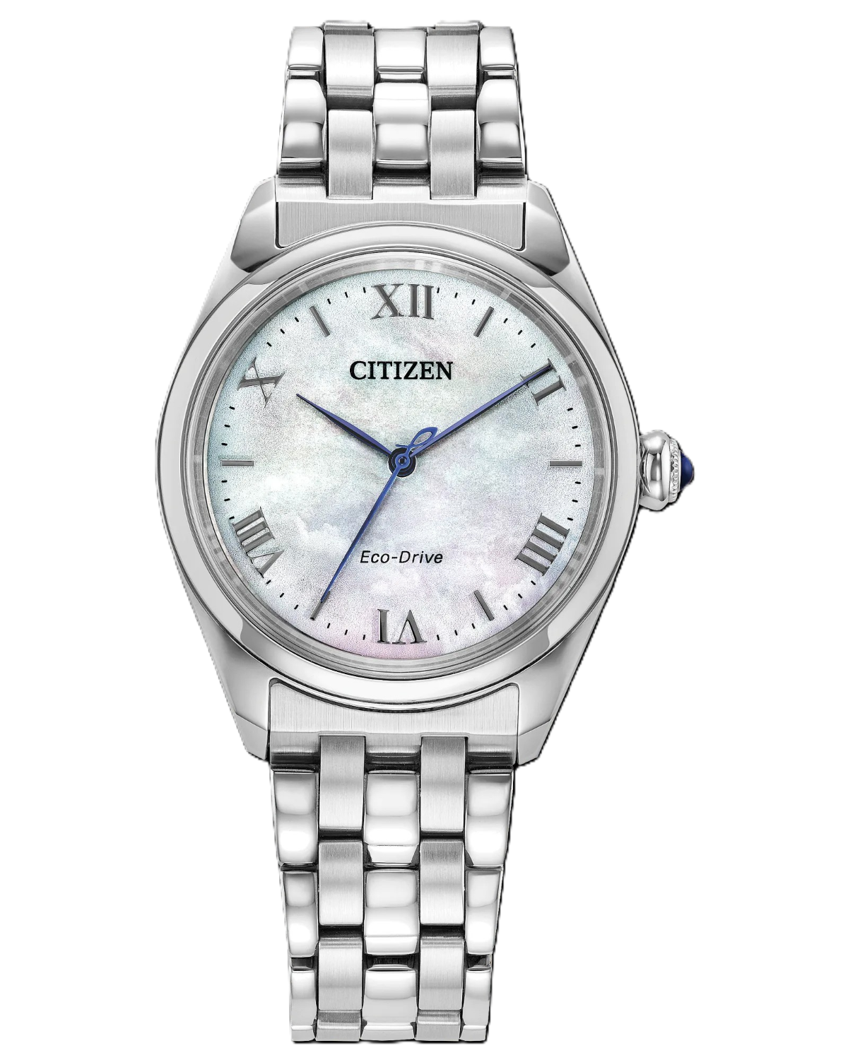 Citizen Eco-Drive watch with a stainless steel link bracelet, silver case, and a white mother-of-pearl dial with blue hands and Roman numeral hour markers.