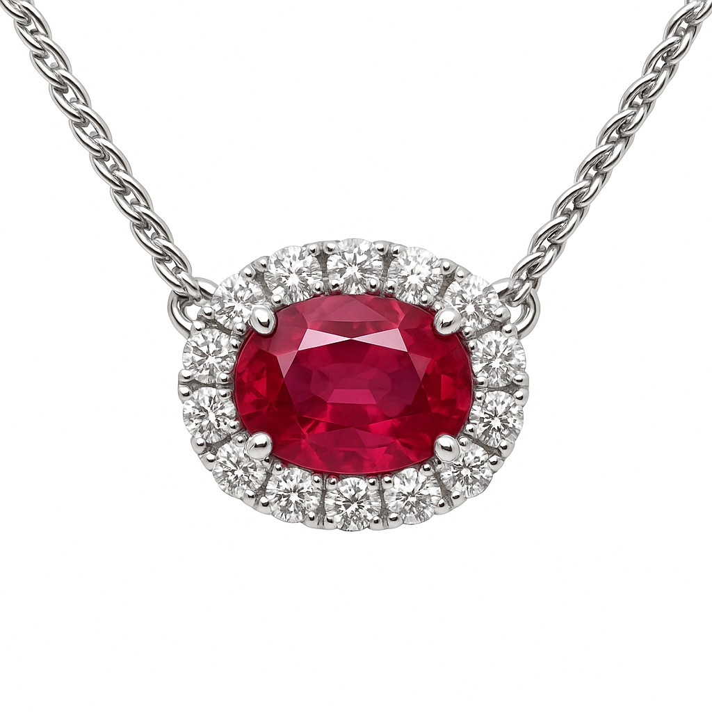 18K White Gold Ruby Halo Pendant