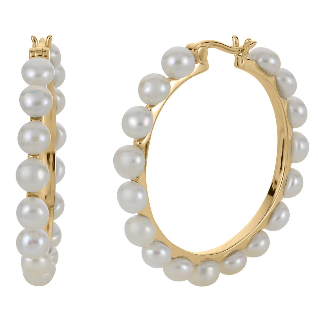 14K Yellow Gold Pearl Hoop Earrings