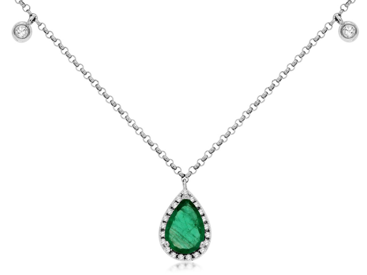 14K White Gold Emerald Halo Pendant