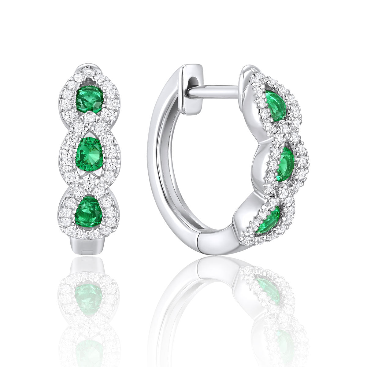 14K White Gold Emerald Hoop Earrings