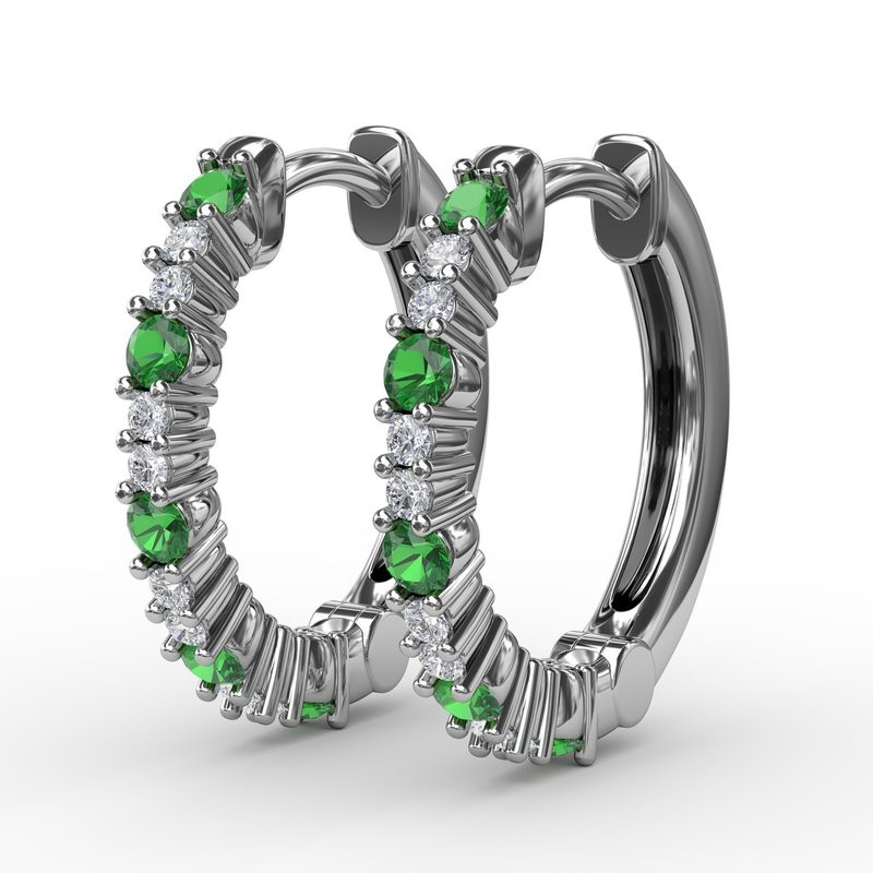 14K White Gold Emerald Hoop Earrings