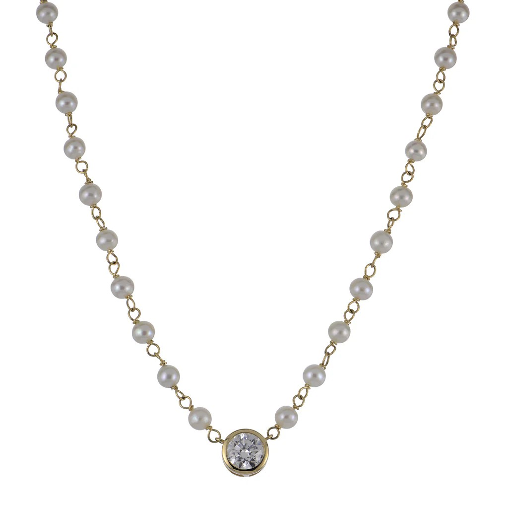14K Yellow Gold Pearl Station Necklace
