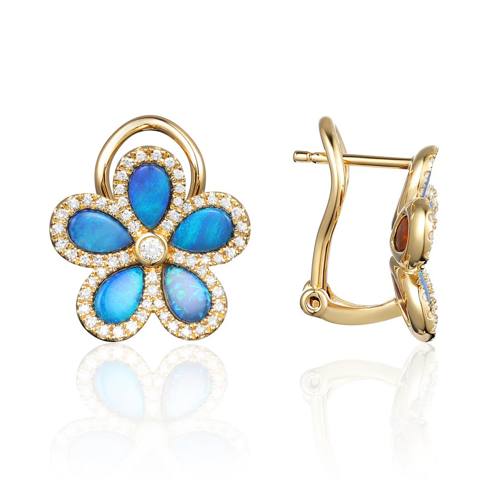14K Yellow Gold Opal Flower Stud Earrings