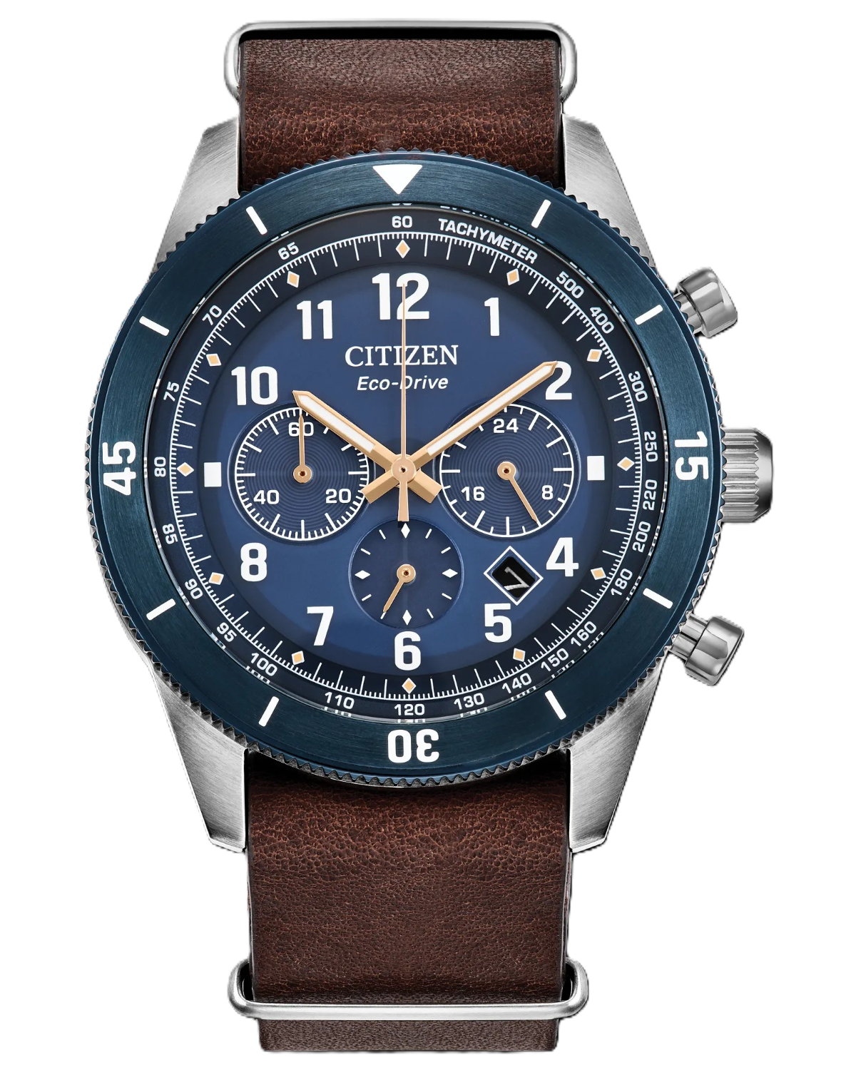 Citizen Eco-Drive chronograph watch with a blue dial, blue tachymeter bezel, brown leather strap, and silver-tone case on a white background.