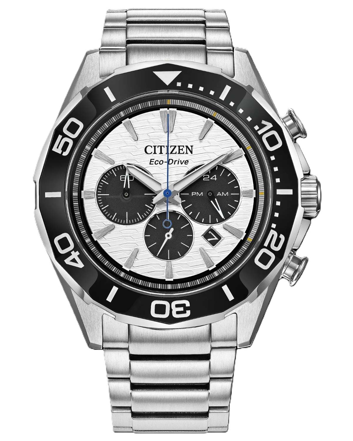 Citizen Eco-Drive chronograph watch with a silver stainless steel case and bracelet, featuring a black bezel, white dial, and three subdials.