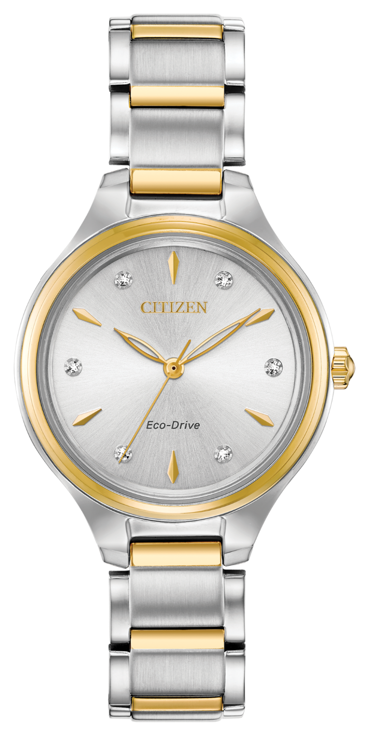 Citizen women's Eco-Drive watch with a two-tone silver and gold stainless steel link bracelet, a silver dial with gold accents, and crystal hour markers.