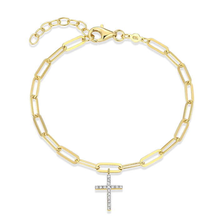 Women's Sterling Silver Yellow Gold Plated Lab Grown Diamond Cross Bracelet