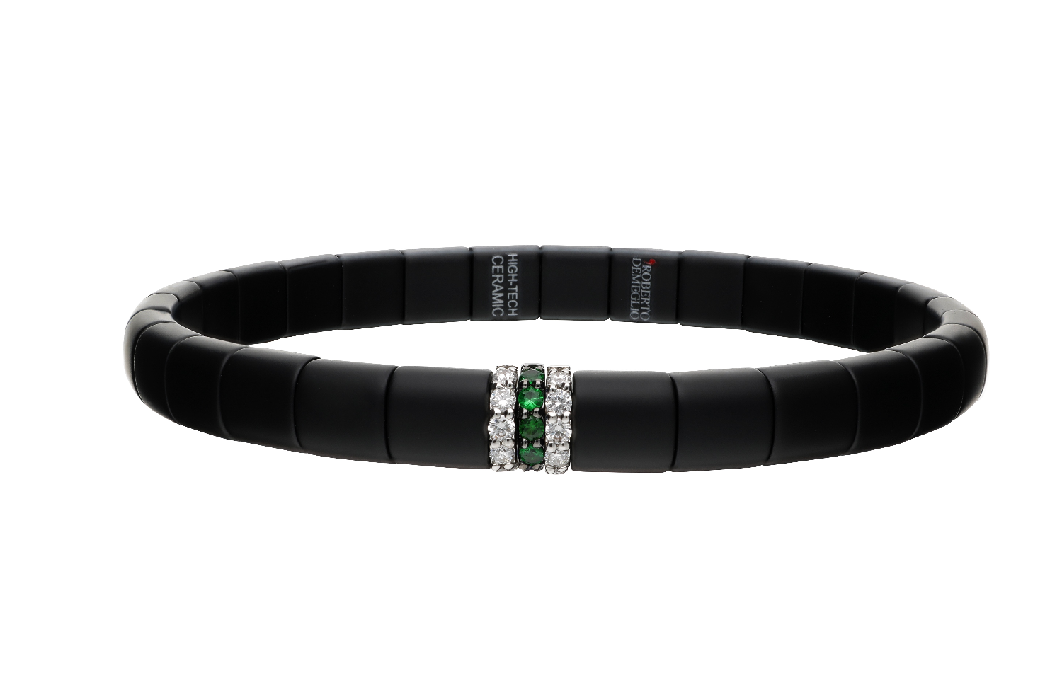A black segmented bracelet with a central clasp featuring a green emerald and diamond pavé setting, shown on a plain white background.