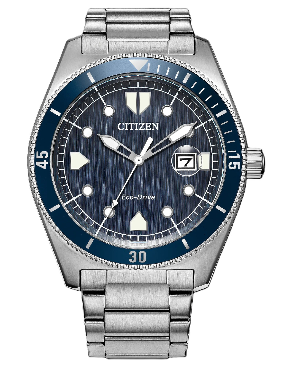 Citizen Eco-Drive stainless steel watch with a blue dial and bezel, featuring silver-tone metal case and link bracelet, shown on a white background.