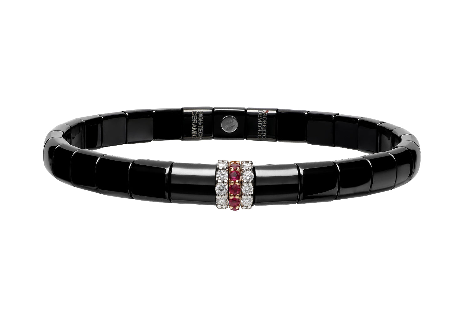 A black segmented ceramic bracelet with a central decorative clasp featuring red and white stones, shown on a plain white background.